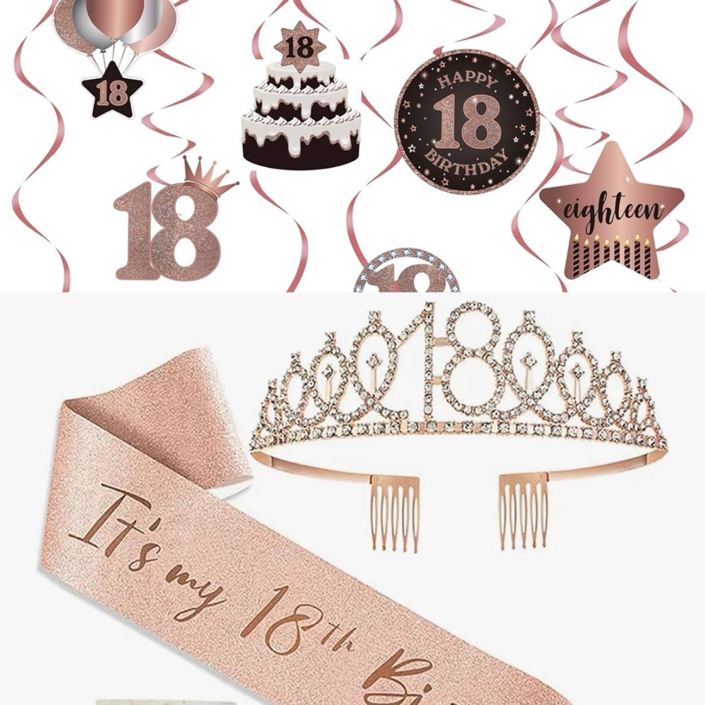 Rose Gold 18th Birthday Party Decoration Set Princess Tiara Crown & Sash NEW